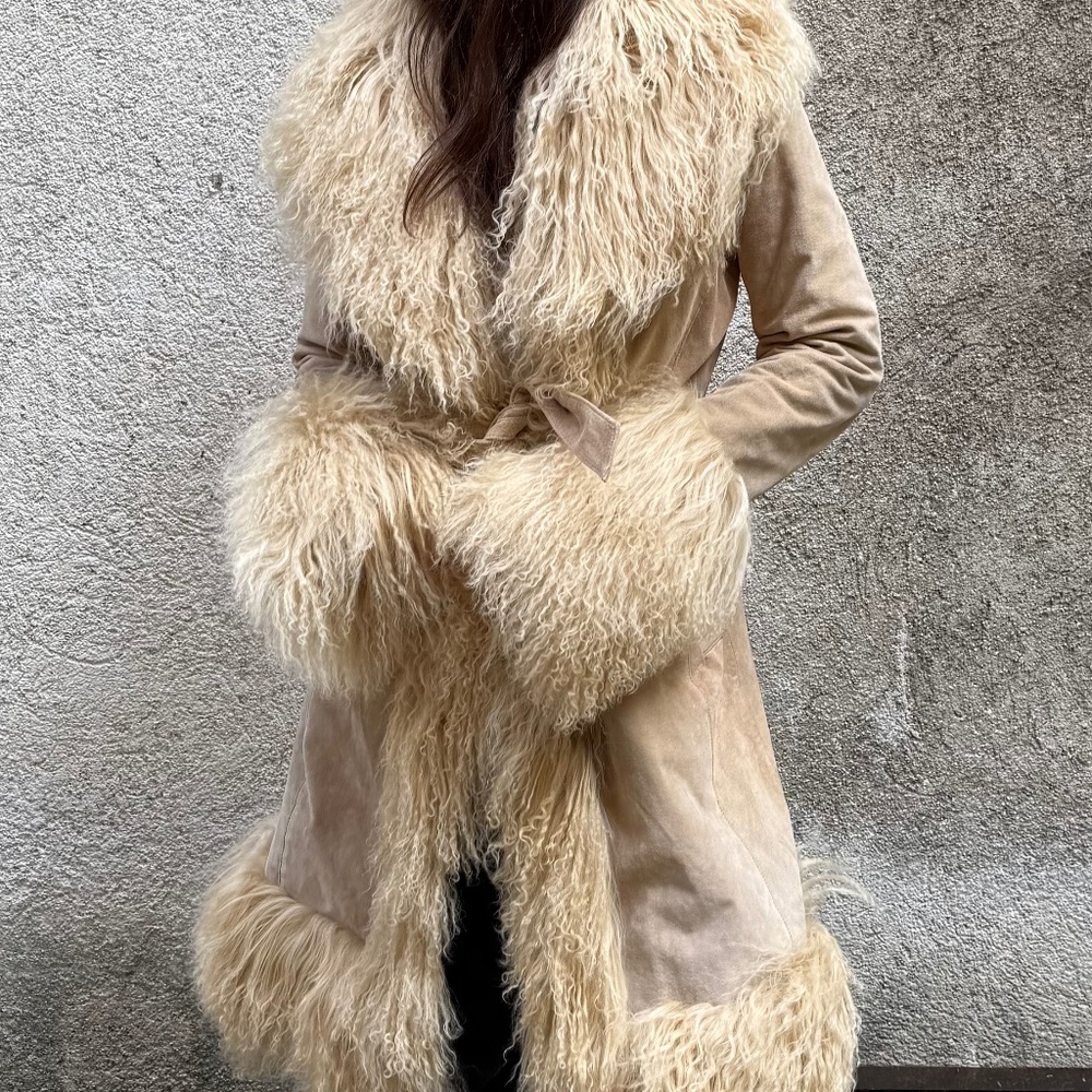 Vintage Charlotte Simone Style Mongolian Fur Afghan Coat Cream Leather S/M